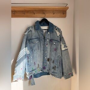 Unisex Distressed Denim Jacket with Paint Splatter